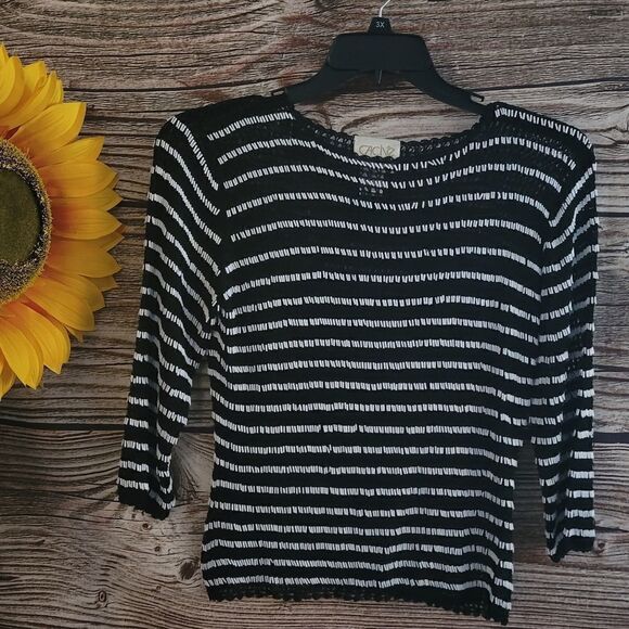 "Cache" Woman's mid Sleeve top Size: 10 black with white beads Pre-owned - Picture 1 of 6
